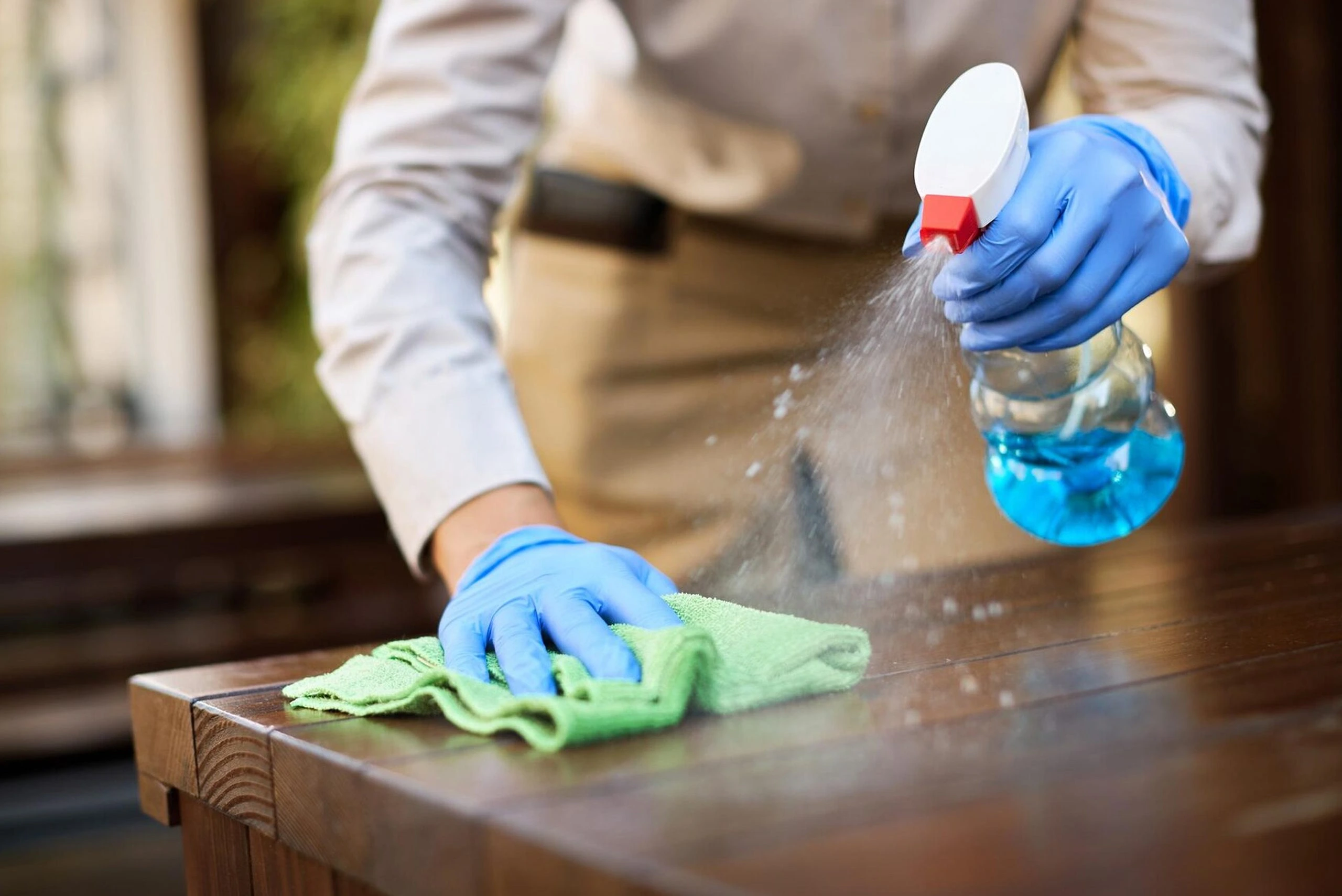 Professional house cleaning service with a cleaner spraying disinfectant and wiping a table.